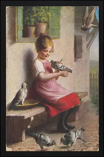 AK Mädchen rotes Kleid sitzt & streichelt Taube  KROMMENIE / SCHARWOUDE 12.2.09