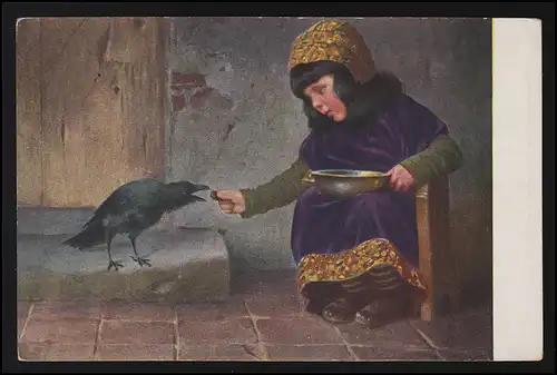 AK H. Kaulbach "Une gourmandise" fille partage sa nourriture avec le corbeau, inutile