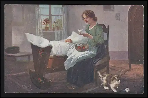 AK Fr. Klimes Mère lit la lettre enfant berceau chat joue avec la laine, non utilisé