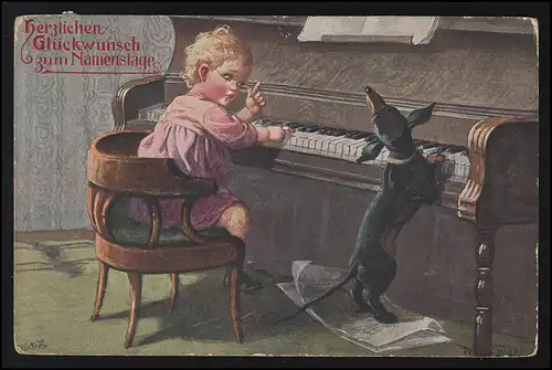AK Kleinkind spielt mit Dackel Klavier, Namenstag, WATTENSCHEID 19.11.1914