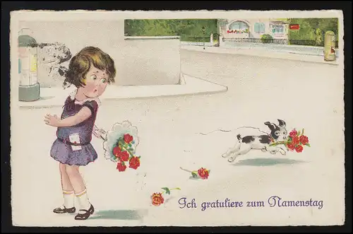 AK Mädchen Blumen gratulieren Namenstag, Hund stiehlt Blumen, DUISBURG 6.6.29