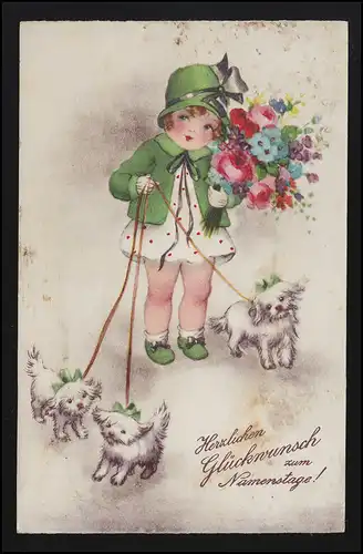 AK Mädchen 3 Hunde Schleifen grüne Accesoirs, Blumen, Namenstag, IBURG 14.7.36