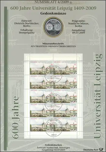 2745 600 ans Université de Leipzig / Alma mater Lipsiensis - Numisblatt 4/2009