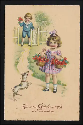 AK BNK 3830, Fête des enfants, Fleurs Nom, Chien saute joyeusement, VILLE DE L'IMMEN 17.3.36