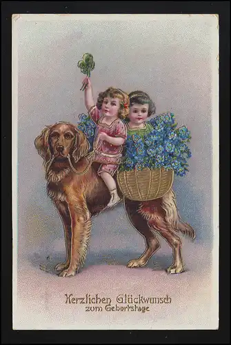 AK 52 17 2 Mädchen reiten auf großem Hund, Glückwunsch Geburtstag, KIEL 30.2.27