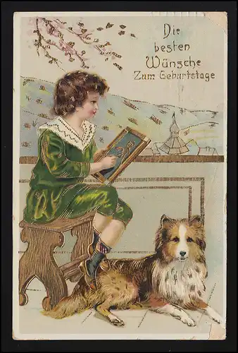 AK enfant dessine sur tablette de craie avec chien aux pieds, anniversaire, BERLIN 15.8.1911
