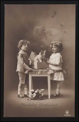 Foto AK RPH 5723/ 24 Kinder verpacken Katze Geschenk Karton, Namenstag 23.7.1915