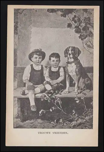 AK Pays-Bas "Trouwe Vrienden" 2 garçons avec chien sur un banc, non utilisé
