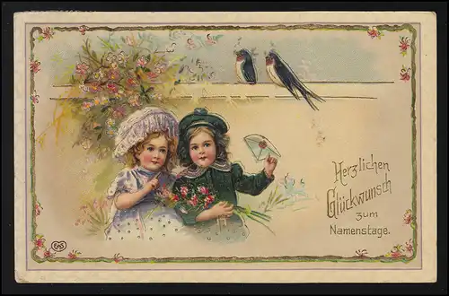 AK EAS Filles robes festives fleurs hirondelles lettre jour de nom, STEYR vers 1910