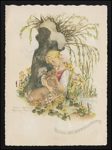 AK 8205 Brüderchen & Schwesterchen Märchen Rehkitz Geschwister Klebespuren