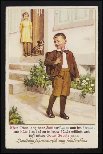 Schulanfang AK S.J.D. 4713 Kinder Hund Schulweg Bibelvers NIEDERODERWITZ 27.4.38