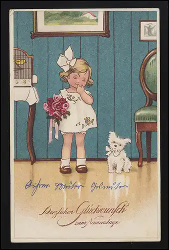 AK HWB Ser. 2106 petite fille canari chien Roses Nom de famille, vers 1928