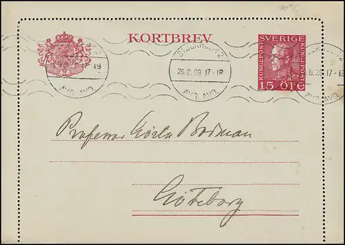 Kartenbrief K 27IW KORTBREV 15 Öre, STOCKHOLM 29.8.1929 nach Göteborg