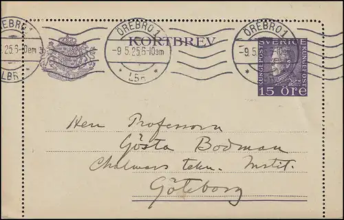 Kartenbrief K 23 KORTBREV 15 Öre, ÖREBRO 1 - 9.5.1925 nach Göteborg, mit Rand