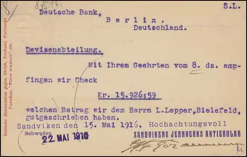 Postkarte P 30 BREFKORT 10 Öre Druckdatum 113, SANDVIKEN 15.5.1916