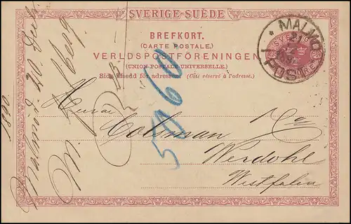 Postkarte P 20 SVERIGE-SUEDE 10 Öre, MALMÖ POST 21.12.1890 n. Werdohl/Westfalen