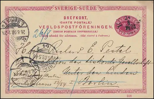 Carte postale P 25 SVERIGE-SUEDE avec DV 108, KARLSTAD 24.8.1908 vers l'Allemagne
