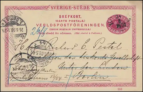 Postkarte P 25 SVERIGE-SUEDE mit DV 108, KARLSTAD 24.8.1908 nach Deutschland