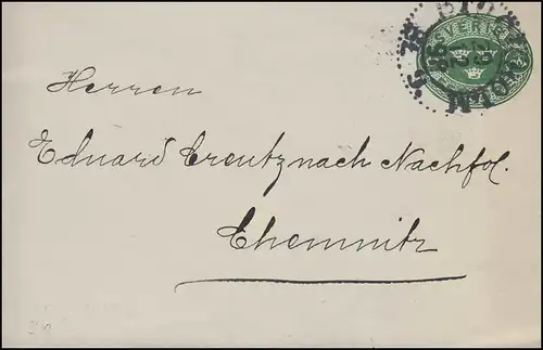 Enveloppe 7 Trois couronnes 5 Öre, STOCKHOLM 29.12.1898 vers Chemnitz