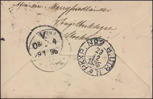 Umschlag U 8 Drei Kronen 4 Öre, STOCKHOLM 28.12.96 per Bahnpost PKXP 29.12.96