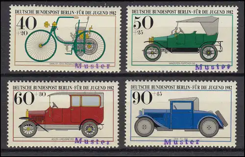 660-663 Jugend: Historische Kraftfahrzeuge 1982, Satz mit Aufdruck MUSTER