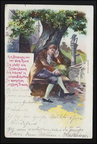 Lyrik AK Am Brunnen vor dem Thore, Junger Mann, Linde, LEIPZIG 12.4.1899