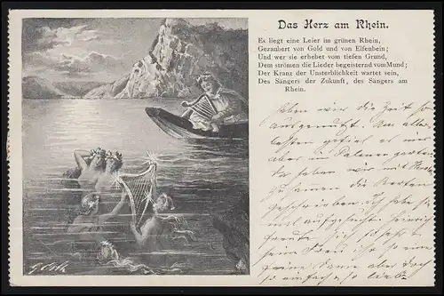 Lyrik AK "Das Herz am Rhein" Nixe Sänger Volkslied Rheinlied, WEILBURG 15.2.1899