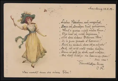 Lyrik AK Liebes Röschen, Gedicht Reim / Verse an eine Rosa, HAMBURG 23.1.1902