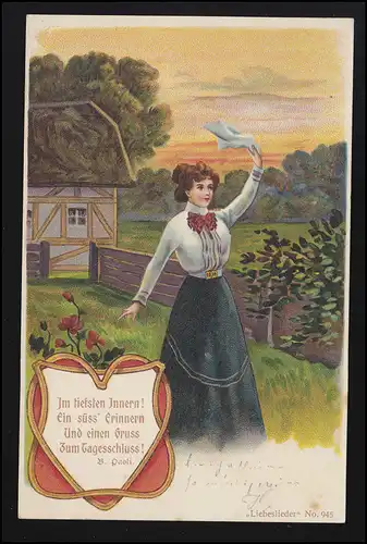 Lyrik AK Liebeslieder Frau winkt "ein süß Erinnern" AACHEN/MONTJOIE 16.7.01