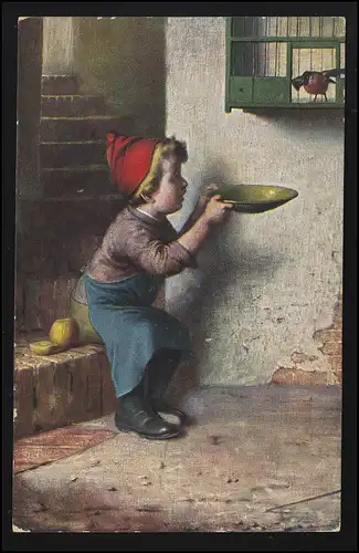 Enfants AK garçon partage nourriture oiseau dans la cage, NL ZUID SCHARWOUDE 12.2.1909