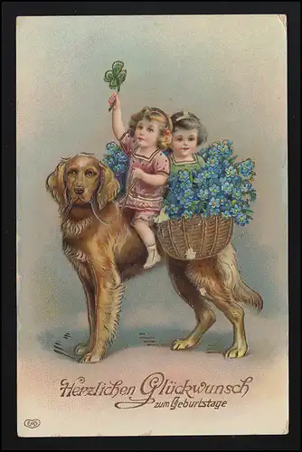AK Kinder reiten auf Jagdhund Blumen Geburtstag BAD LAUTERBERG/ LEIPZIG  20.3.13