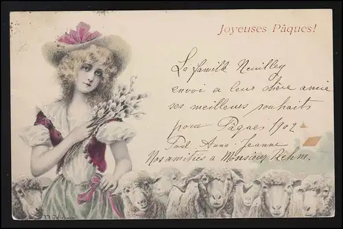 Kinder AK Schäferin Schafe Ostern Joyeuses Paques PARIS/ BIBERACH 30./31.3.02