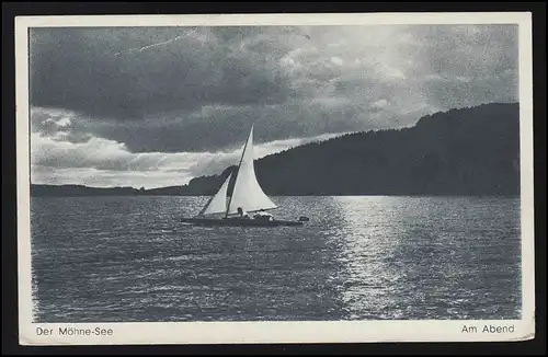 Deutschland Möhne See Talsperre mit Seegelboot am Abend, Feldpost SOEST 8.6.42