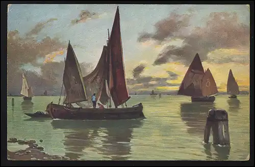 Artiste AK Fischer Bateaux Voile Côte Lever de soleil sur la mer Feldpost 8.6.1918