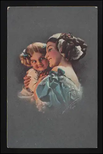 Artiste AK jeune femme serre sa fille, signé, poste de terrain 4.4.1918