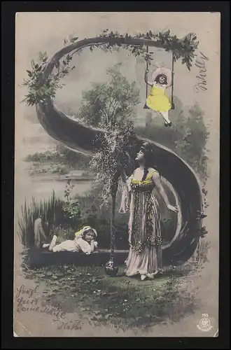 Photo lettre "S" Enfants Balançoire femme élégant ROSENHEIM/ DEISENHOFEN 5.8.1904