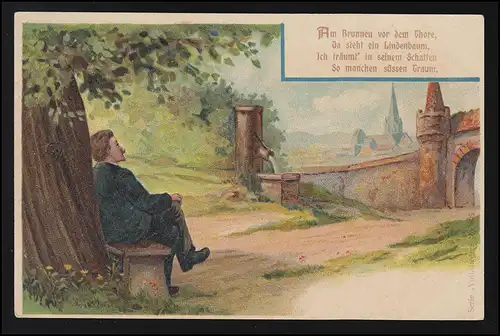 Lyrique AK Près de la fontaine devant la Thore Linde Vue Ville de Volkslied, GERA 8.8.1902