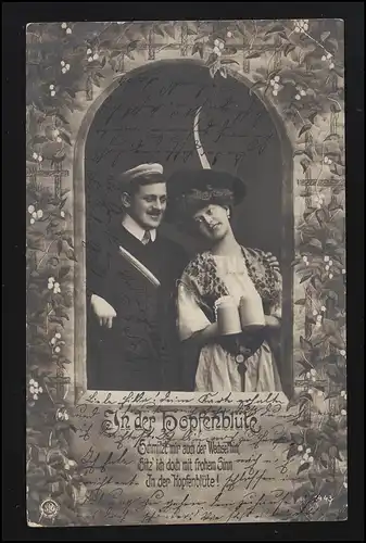 Cher couple AK avec des pots de bière "Dans la fleur du houblon" ALZEY selon HEILBRONN 8.3.1910