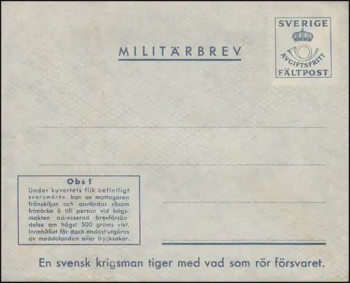 Poste militaire MILITAIREBREV FÄLTPOST - arrière SVARSMARKE gauche, ** post-fraîchissement