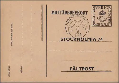Militärpost MILITÄRBREVKORT Ausstellung STOKHOLMIA'74, SSt FÄLTPOST 29.9.1974