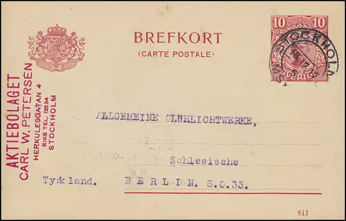Postkarte P 30 BREFKORT 10 Öre Druckdatum 113, STOCKHOLM 18.12.12 nach Berlin