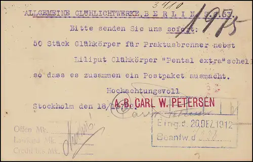 Carte postale P 30 BREFKORT 10 Öre Date d'impression 113, STOCKHOLM 18.12.12 vers Berlin