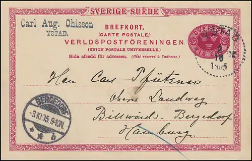 Postkarte P 20 SVERIGE-SUEDE 10 Öre, YSTAD 2.10.1905 nach BERGEDORF 3.10.05