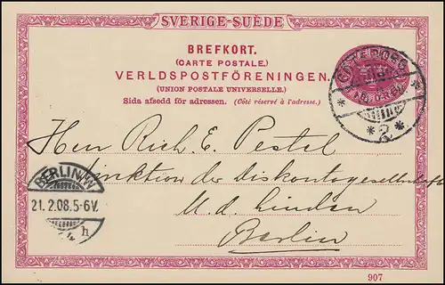 Postkarte P 25 SVERIGE-SUEDE 10 Öre mit DV 907, GÖTEBORG 19.2.1908 nach BERLIN