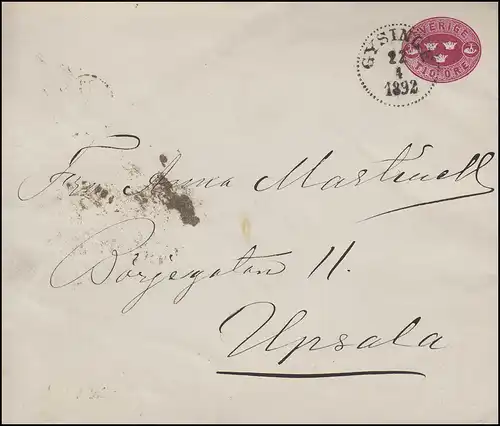 Umschlag 9X Drei Kronen 10 Öre, GYSINGE 22.4.1892 nach UPSALA 23.4.92