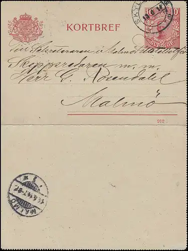 Lettre de carte K 13 KORTBREV 10 Öre avec DV 912, SKYLLBERG 13.6.14 n. MALMÖ 14.6..14