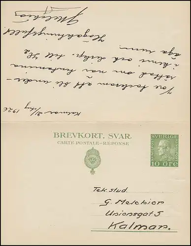 Postkarte P 43 Brevkort König Gustav 10/10 Öre, KALMAR 21.8.1926