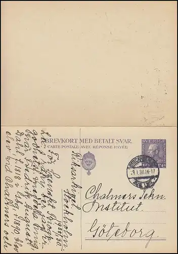 Carte postale P 52II Brevkort Roi Gustav 10/10 Öre, STOCKHOLM 28.1.1930