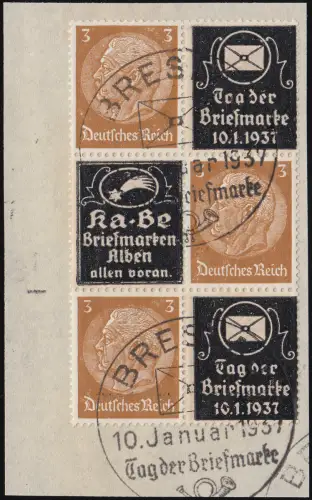 513 Hindenburg 6er-Block mit Überdruck Tag der Marke / KaBe, SST Breslau 1937