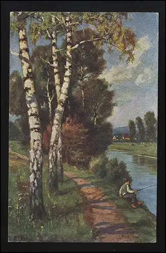 Artiste AK pêcheur sur la rivière sous les tableaux de bouleau, Feldpost METZ / LÜDER 9.9.1917